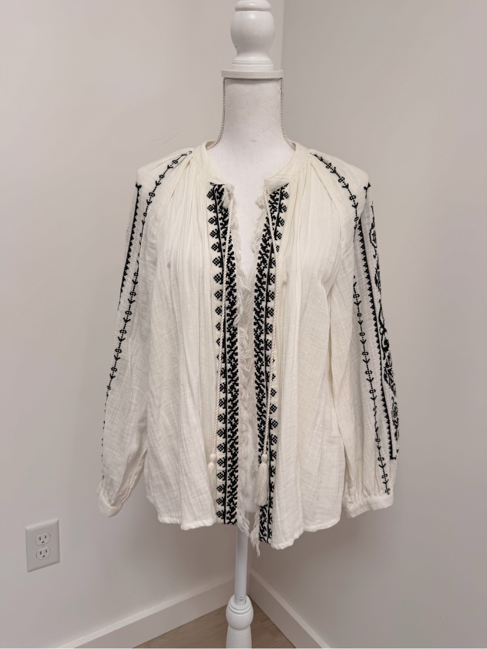 Zara Embroidered Boho Blouse - White with Black Embroidery Size M
